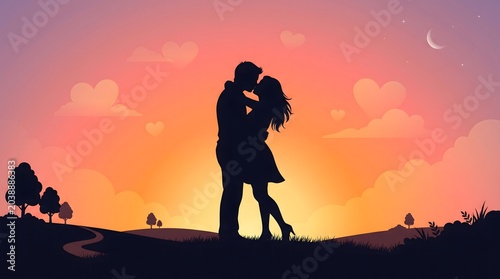 Romantic Silhouette of Couple Kissing Against a Sunset