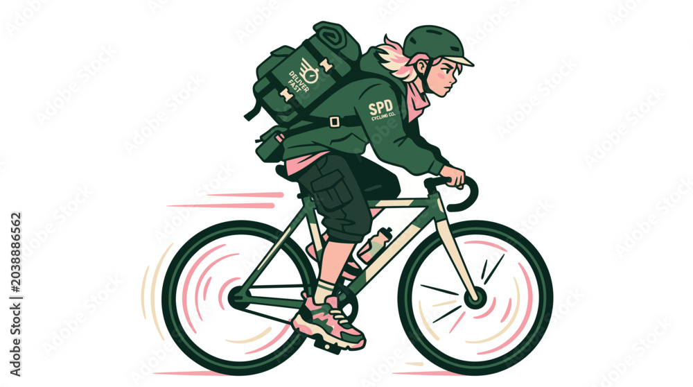Obraz premium Female courier on bicycle delivering package vector illustration