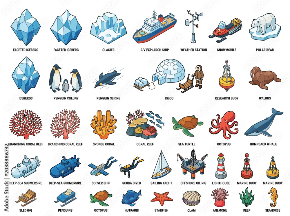 Obraz premium Isometric Arctic Expedition and Marine Life Icon Set: Polar Animals, Icebergs, Underwater Creatures, and Research Equipment Infographic Elements