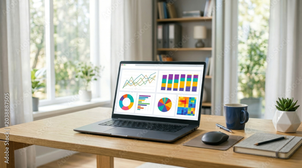 Fototapeta premium A modern workspace with a laptop displaying colorful data charts, surrounded by plants and natural light.
