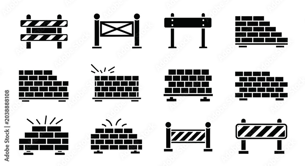 Obraz premium Construction Barriers and Brick Wall Icons Set, Vector Graphics