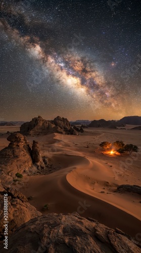 Milky Way over desert landscape with campfire and sand dunes