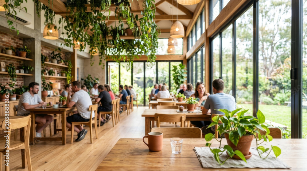 Fototapeta premium A vibrant café scene with diverse customers enjoying their meals in a bright, plant-filled space.