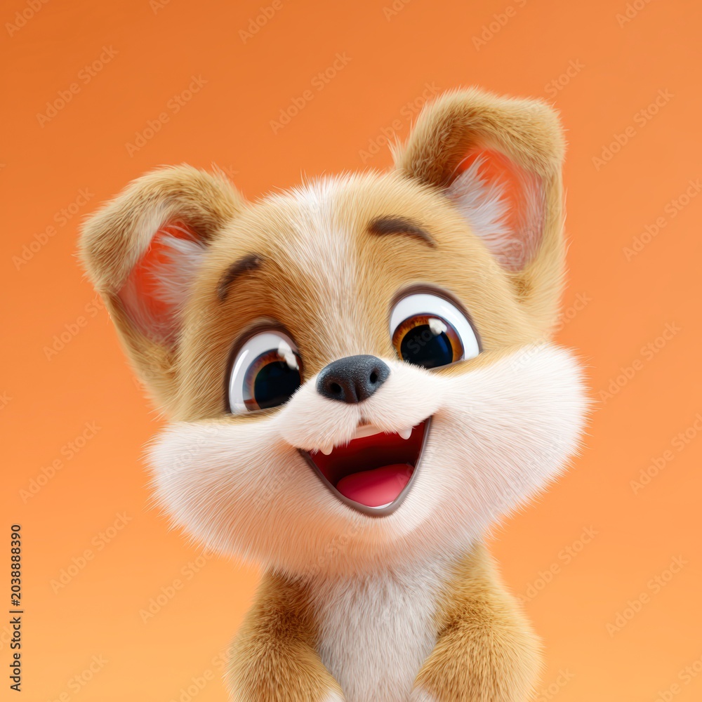Fototapeta premium Cute cartoon puppy with large expressive eyes and a broad smile, set against a bright orange background, Ideal for projects related to pets, joy, and youthfulness,