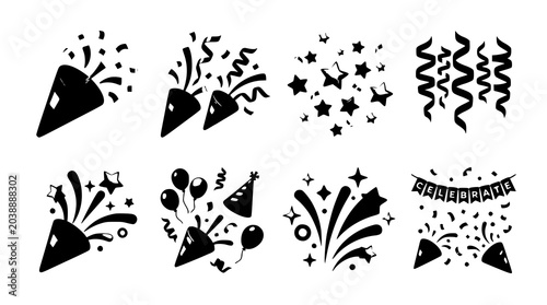 Foto Festive confetti popper collection with colorful party streamers and star graphi