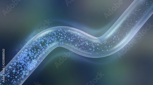 Microscopic view of blood flow through a curved vessel.