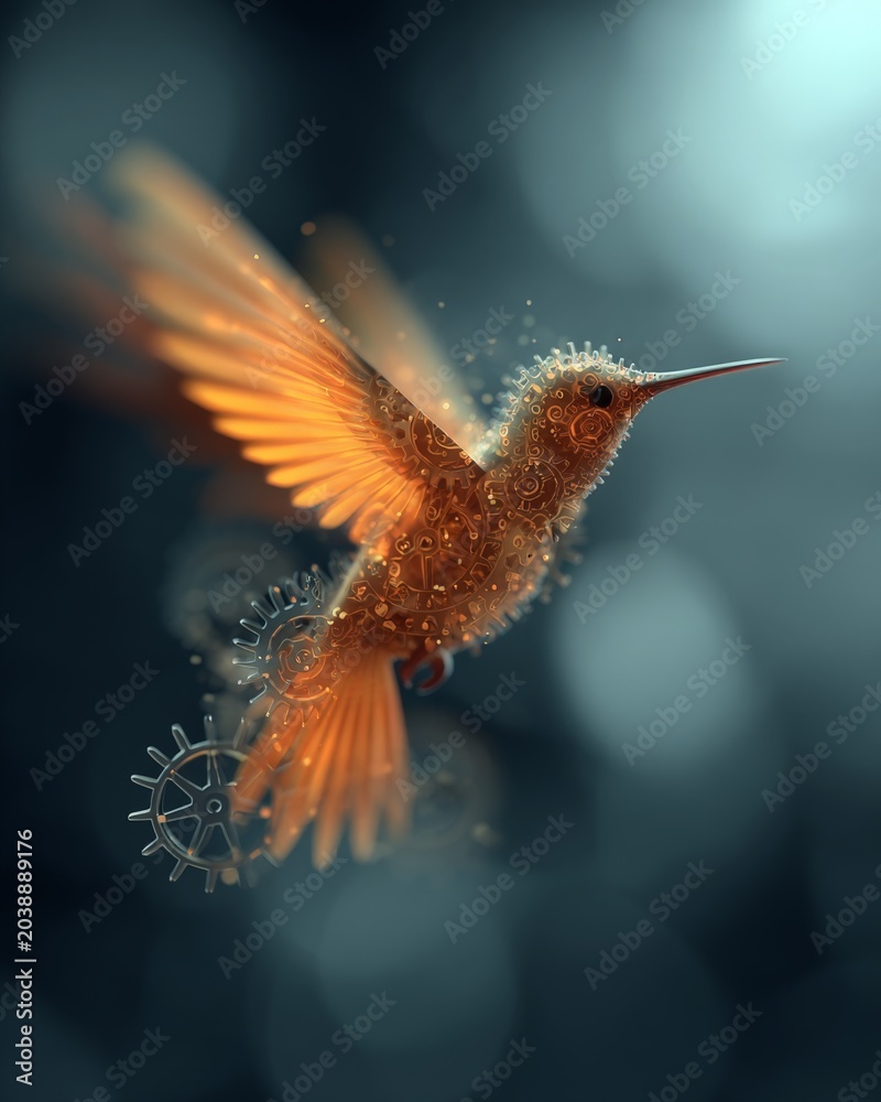 Fototapeta premium Golden hummingbird hovers mid-air, wings blurred. Dust motes dance around its body, soft and glowing. Dark bokeh background contrasts its warm, radiant hue