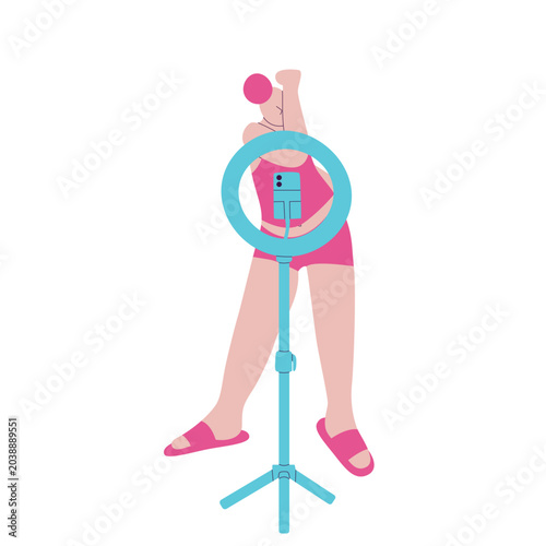Minimal vector illustration of female content creator posing in front of ring light with smartphone, arm raised covering part of face, social media concept