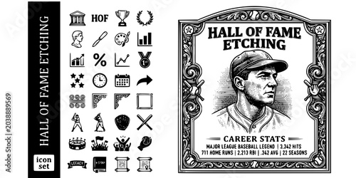 Fotografie Baseball Hall Of Fame Etching Black White-Portrait Relief Stat Frame-Legacy Vect