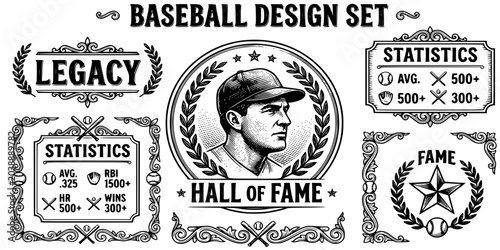 Foto Baseball Hall Of Fame Etching Black White-Portrait Relief Stat Frame-Legacy Vect