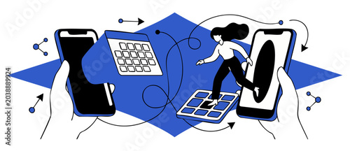 Fotografie Online scheduling mobile app illustration with woman planning tasks between two smartphones, calendar sync, time management systems, and abstract workflow connectivity in flat blue black vector style