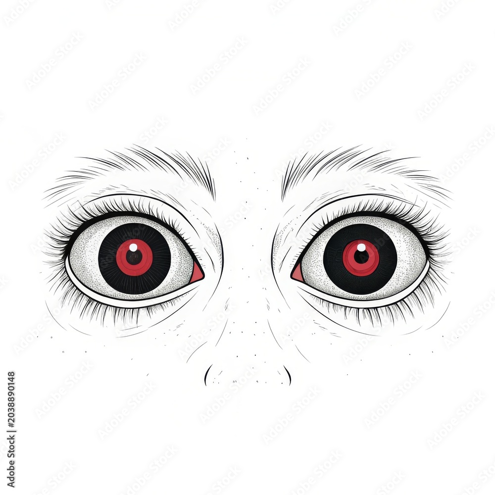 Fototapeta premium Illustration of a pair of eyes with red pupils and long eyelashes on a white background art design