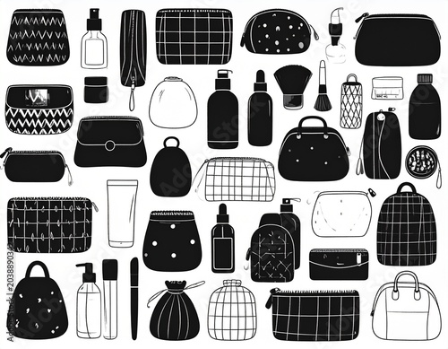 Cute Cosmetic Pouch Vector Collection with Makeup Bags, Toiletry Cases and Beauty Accessories Isolated on White Background