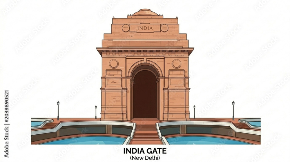 Fototapeta Architectural illustration of the iconic India Gate, a historic national monument and war memorial located in New Delhi, India, representing heritage and cultural significance