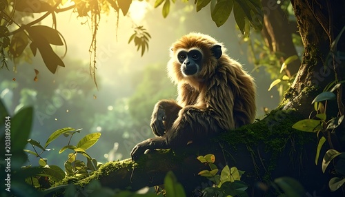 Monkey sits peacefully on a mossy branch amid lush green foliage in sunlit jungle
