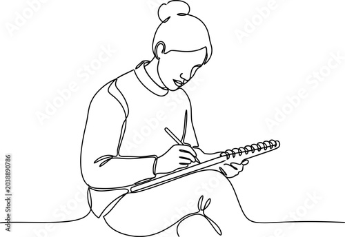 Woman drawing in notebook with pen, one line art illustration, creative hobby, focused activity