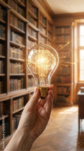 Hand holding glowing brain light bulb in library