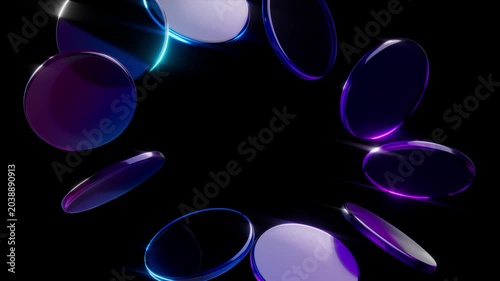 3d dark abstract geometric seamless looped neon color glowing background. Elegant Circular frame of spinning circles.