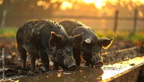 Muddy pigs drink water