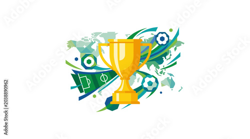 Golden trophy cup with soccer ball and field graphics
