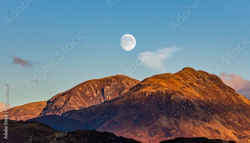 Moon above mountain ridges bathed in warm sunlight with scattered clouds in a blue sky creating a serene landscape
