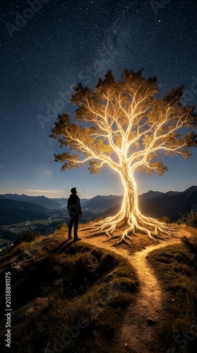 Man gazing at magical glowing tree under starry night sky