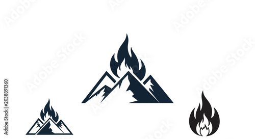 Foto Mountain Fire Icon Set: Wildfire, Nature Danger, Adventure Symbol