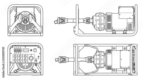 PTO generator power equipment technical drawing blueprint with front side back and top views CAD line art vector illustration