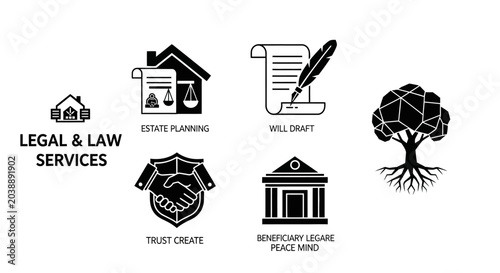 Legal Services Icons: Estate Planning, Will Draft, Trust, Beneficiary, Law Firm
