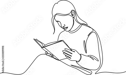 Schilderij op canvas Continuous line drawing of a young woman engrossed in reading a book, minimalist art style