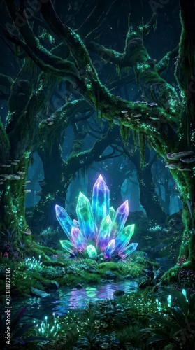 Glowing Crystals in Mystical Enchanted Forest