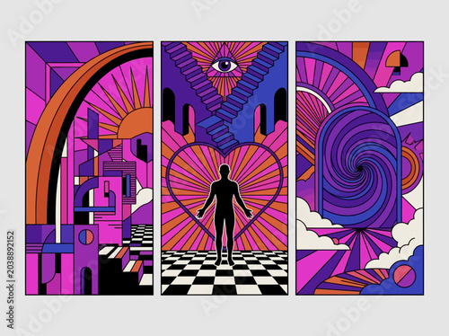 Tableau sur toile Surreal Psychedelic Triptych Vector Art with Mystical Symbols, Geometric Landsca