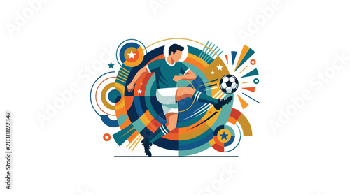 Soccer player kicking colorful ball with dynamic background