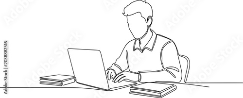 Foto Person typing on laptop computer, minimalist line art, studying or working at de