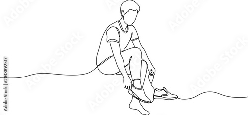 Tableau sur toile Continuous line drawing of a person tying shoelaces, sitting down, minimalist style