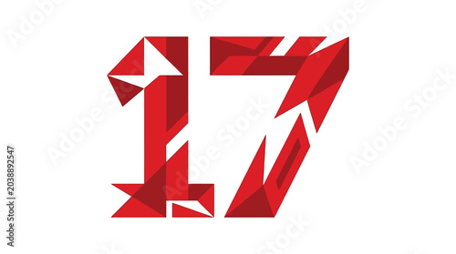 Red geometric abstract number seventeen on clean white background. Modern design, EPS vector illustration