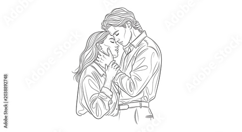 Romantic embrace in black and white line isolated on a transparent background, black and white, line pose