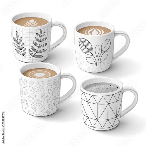 Four Stylish Coffee Mugs with Unique Graphic Designs