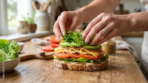 A close-up of a person's hands assembling a fresh sandwich with layers of lettuce, tomatoes, and cheese on rustic bread.