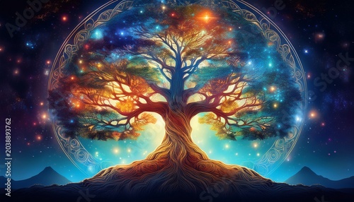 the big tree of life which connects the terrestrial and heavenly realms is the source of all life in the cosmos generative ai
