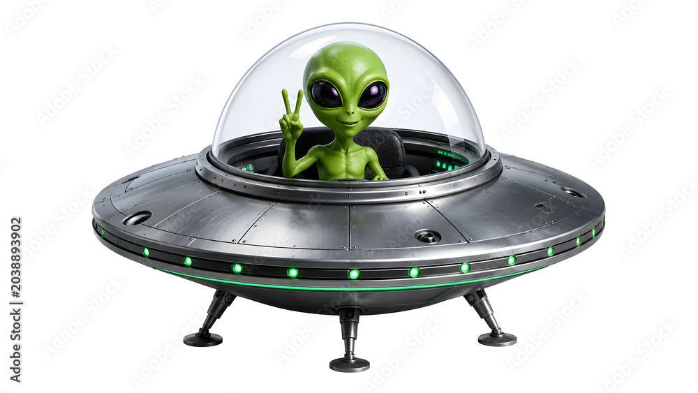 Fototapeta premium alien in flying saucer making peace sign