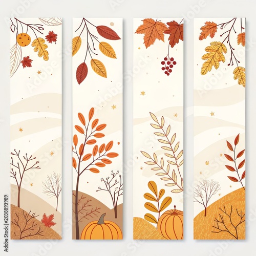 Autumn themed banners with leaves, trees, and pumpkins