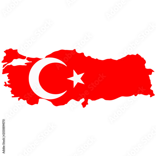 Türkiye map silhouette with national flag with a white crescent and a star on red background isolated illustration