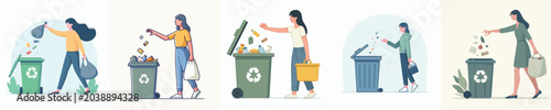 Tableau sur toile People throwing garbage in recycling bin vector illustration set