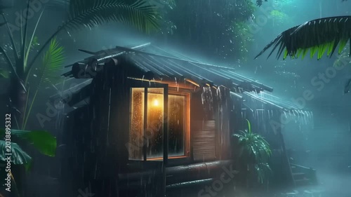 Cozy wooden hut in a tropical rainforest during heavy rainfall at night. Seamless looping 4k video background