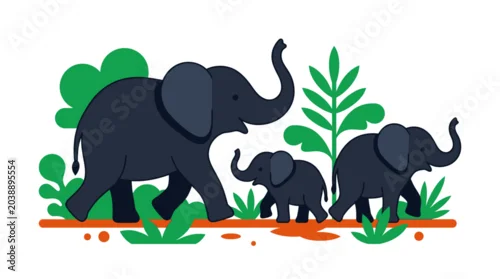 Obraz Elephant Family Walking in Nature, Cute Cartoon Style Illustration