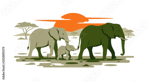 Photography Family of Elephants Walking in African Savanna at Sunset - Vector Art