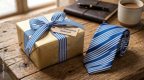 Happy Father's Day Gift box with blue and white striped bow on rustic wooden shelf illustration