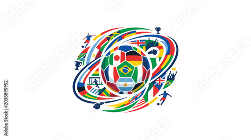 Colorful flags swirl around soccer ball with players