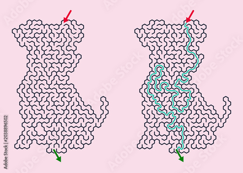 Maze design in Dog shape with pathways and arrows on pink background  